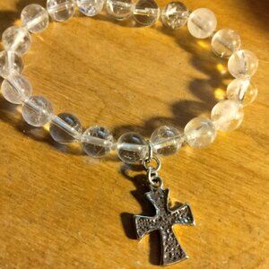 Christian Cross Bracelet Faith Silver Metal Clear Glass Bead Stretch 6 inch
